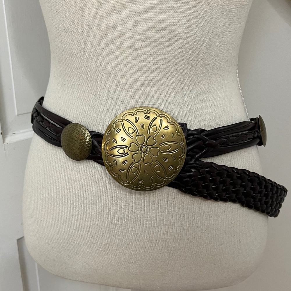 Braided Brass Medallion Belt XL Brown Boho Western Festival Faux Leather VTG